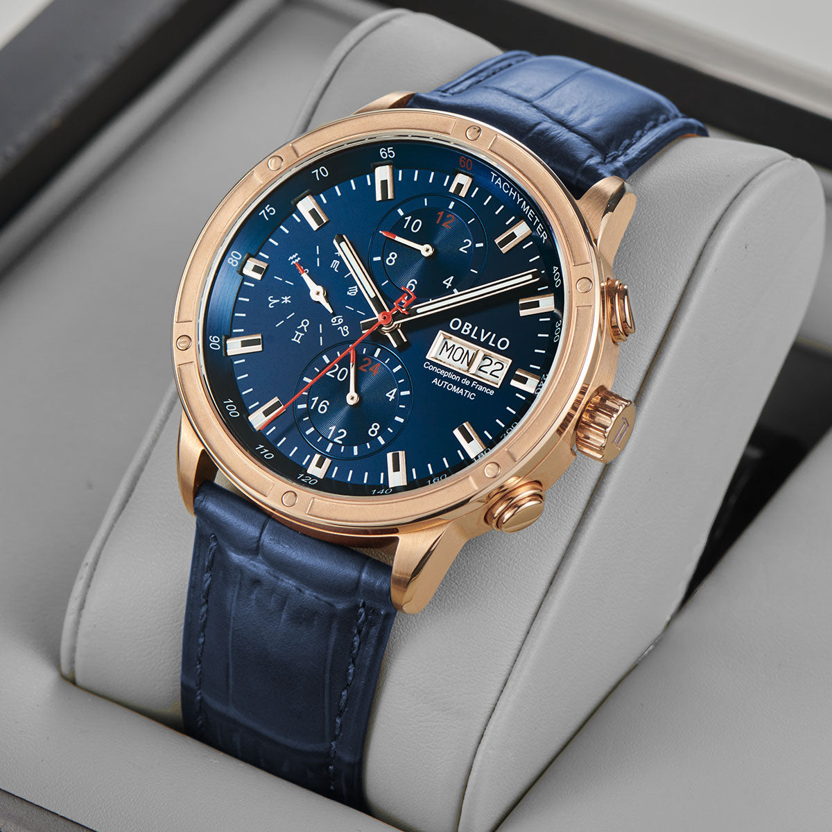 OBLVLO Men Dress Automatic Watch Mechanical Sapphire Year Month Week Calendar 24-Hour Display 40mm Clock CM2