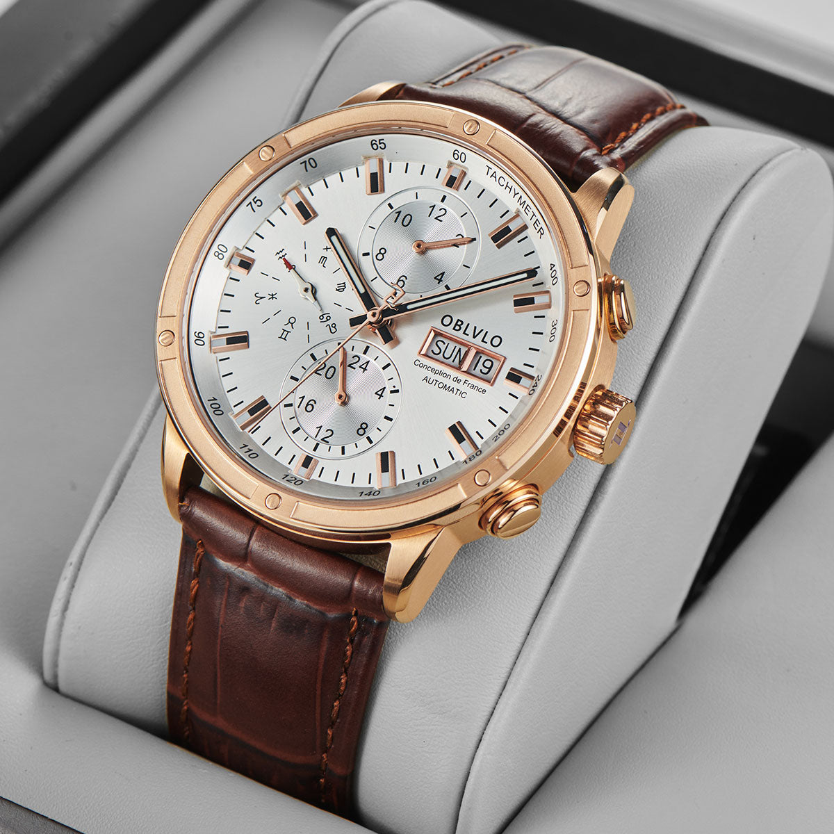 OBLVLO Men Dress Automatic Watch Mechanical Sapphire Year Month Week Calendar 24-Hour Display 40mm Clock CM2
