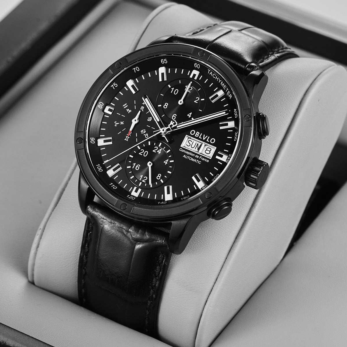 OBLVLO Men Dress Automatic Watch Mechanical Sapphire Year Month Week Calendar 24-Hour Display 40mm Clock CM2