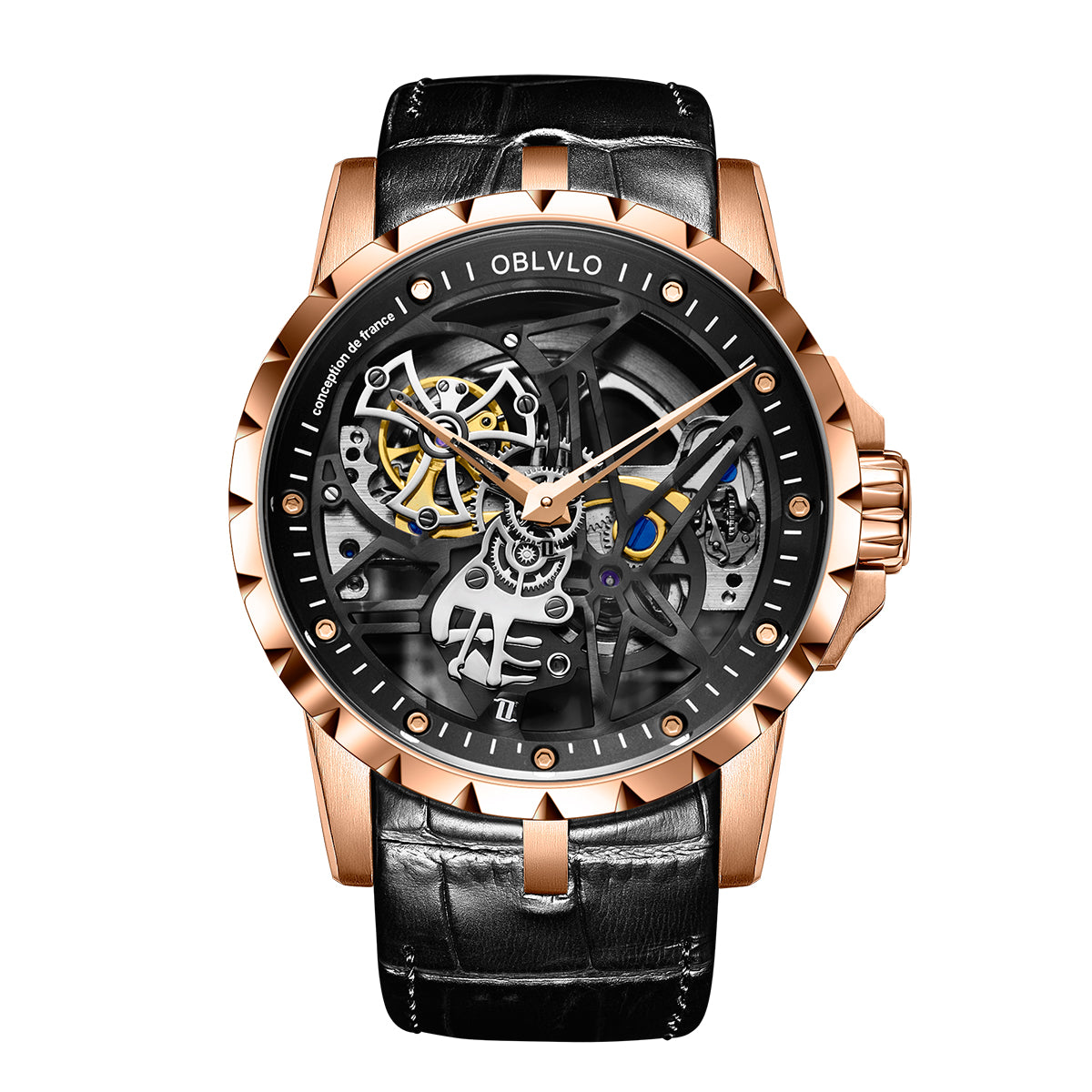 OBLVLO Luxury Sport Men Skeleton Automatical Watch Mechanical Calfskin Strap Sapphire Waterproof Clock RM-S