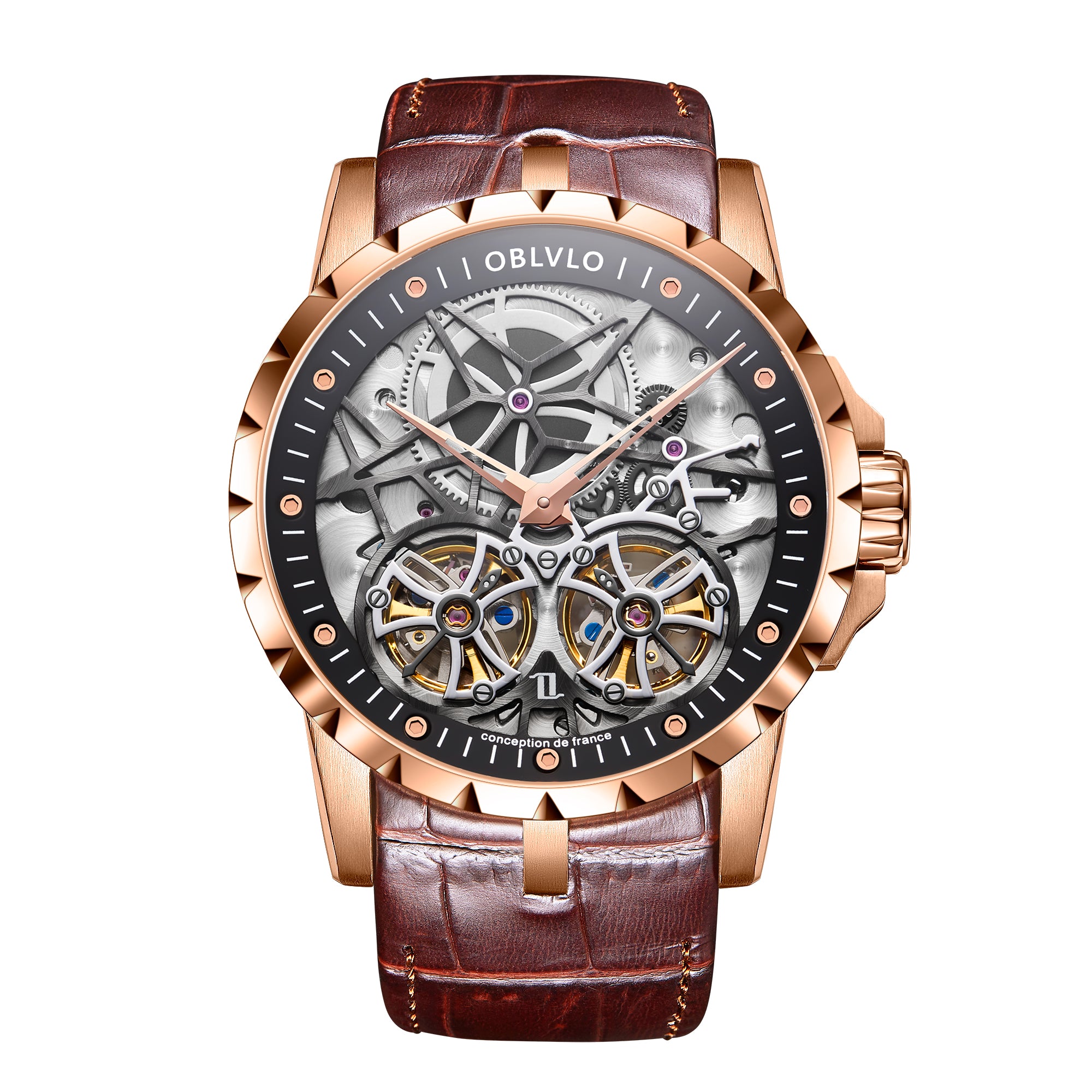 OBLVLO Men Military Skeleton Automatic Watch Mechanical Soft Calfskin Strap Sapphire Waterproof Double Flywheel Dial Clock RM-T