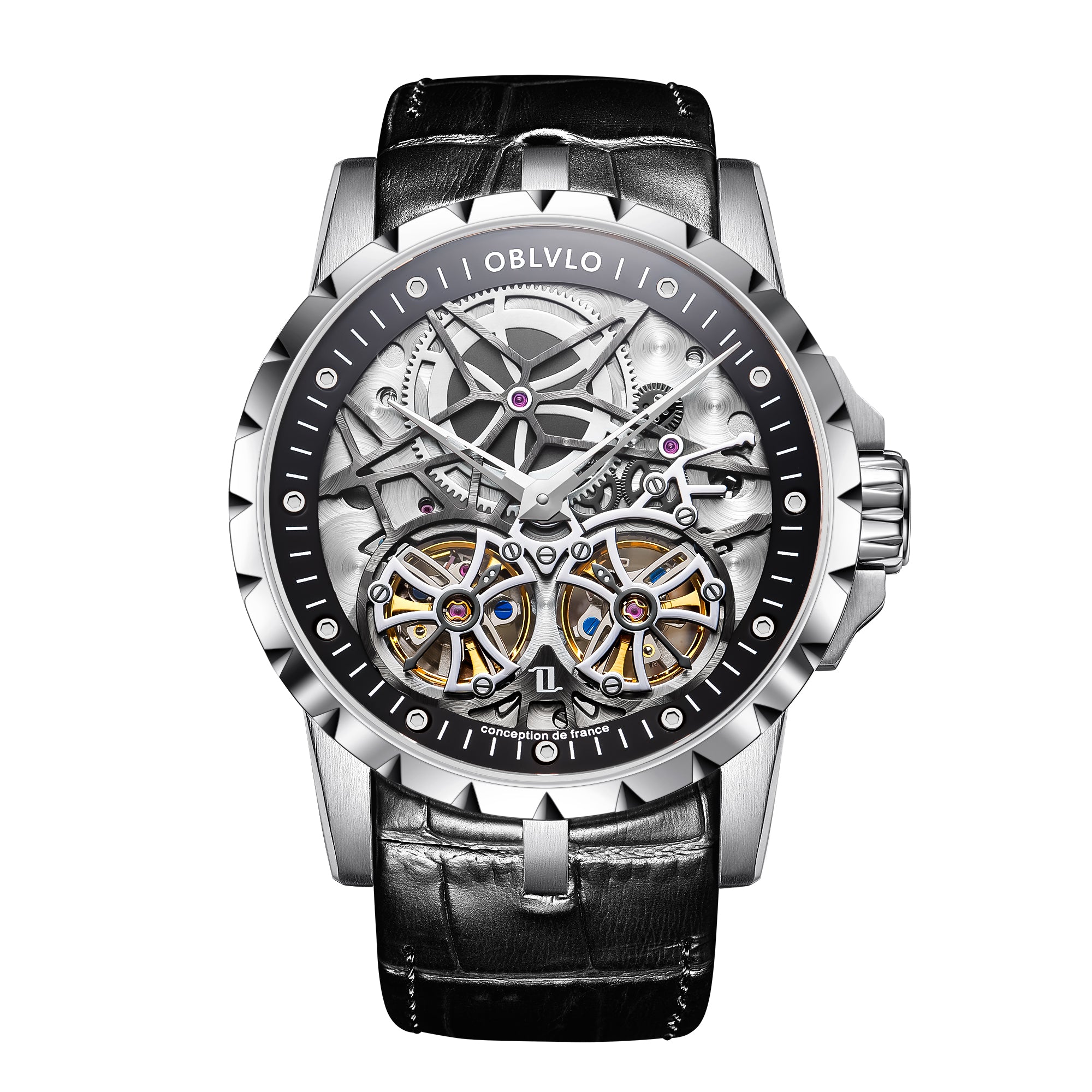 OBLVLO Men Military Skeleton Automatic Watch Mechanical Soft Calfskin Strap Sapphire Waterproof Double Flywheel Dial Clock RM-T