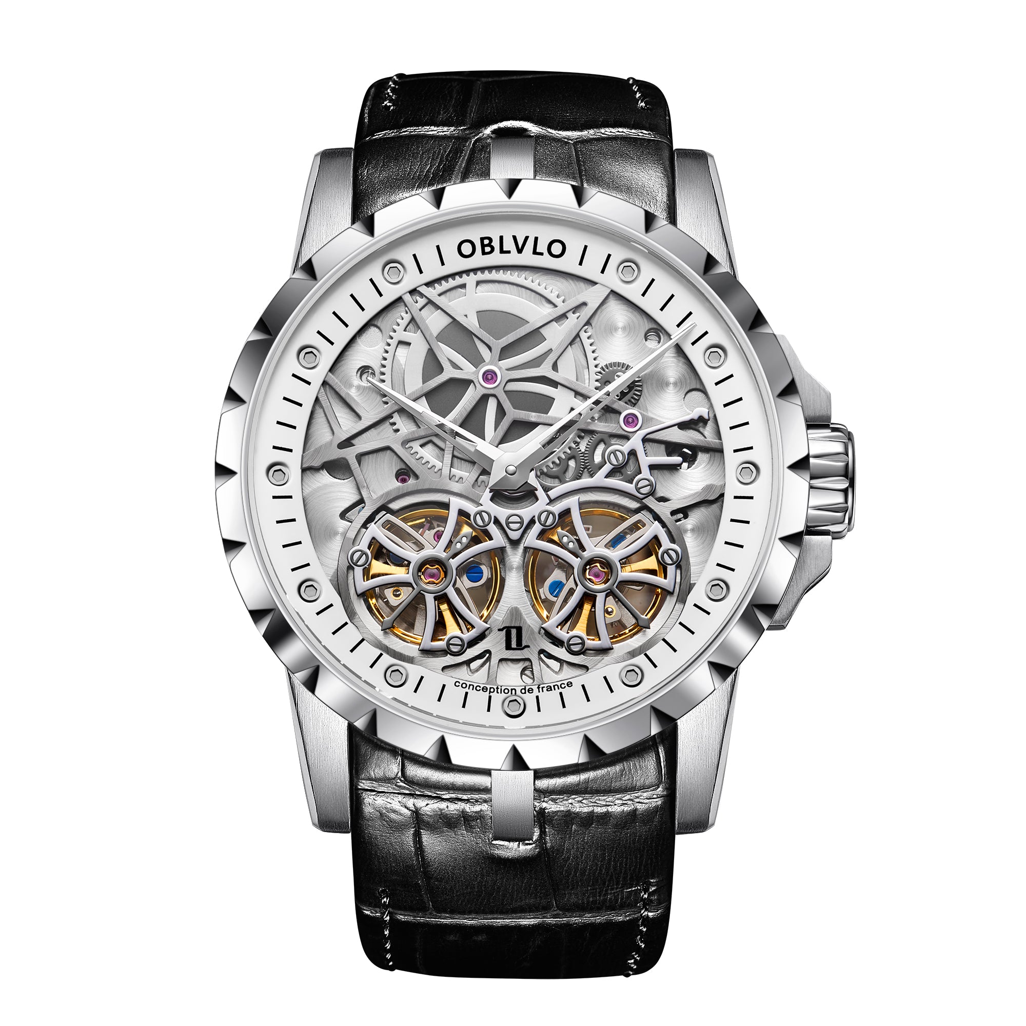OBLVLO Men Military Skeleton Automatic Watch Mechanical Soft Calfskin Strap Sapphire Waterproof Double Flywheel Dial Clock RM-T