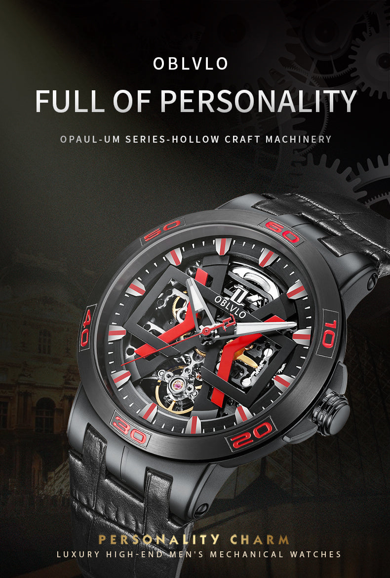 OBLVLO Sport Skeleton Luminous Military Automatic Mechanical Watch for Men Steel Case Leather Strap Sapphire Waterproof UM