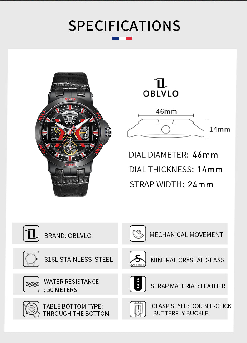 OBLVLO Sport Skeleton Luminous Military Automatic Mechanical Watch for Men Steel Case Leather Strap Sapphire Waterproof UM