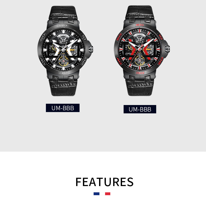 OBLVLO Sport Skeleton Luminous Military Automatic Mechanical Watch for Men Steel Case Leather Strap Sapphire Waterproof UM
