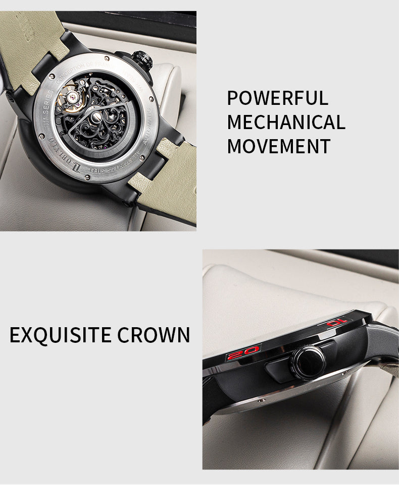 OBLVLO Sport Skeleton Luminous Military Automatic Mechanical Watch for Men Steel Case Leather Strap Sapphire Waterproof UM