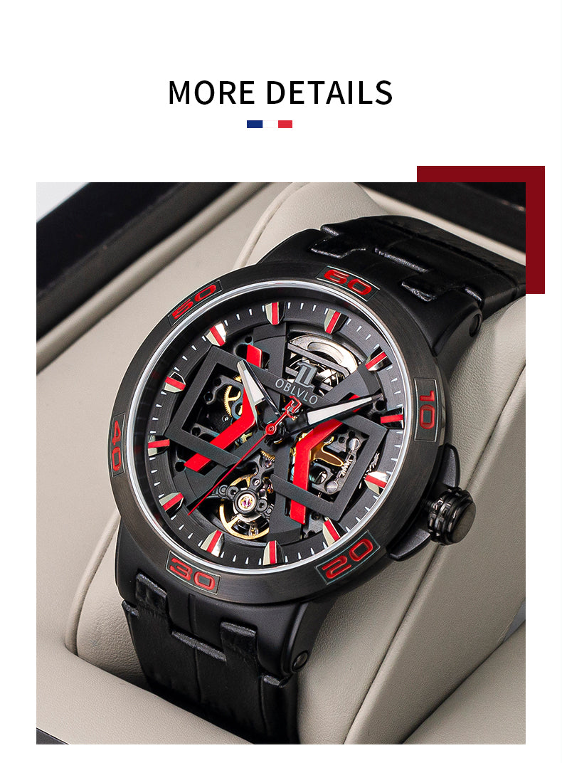 OBLVLO Sport Skeleton Luminous Military Automatic Mechanical Watch for Men Steel Case Leather Strap Sapphire Waterproof UM