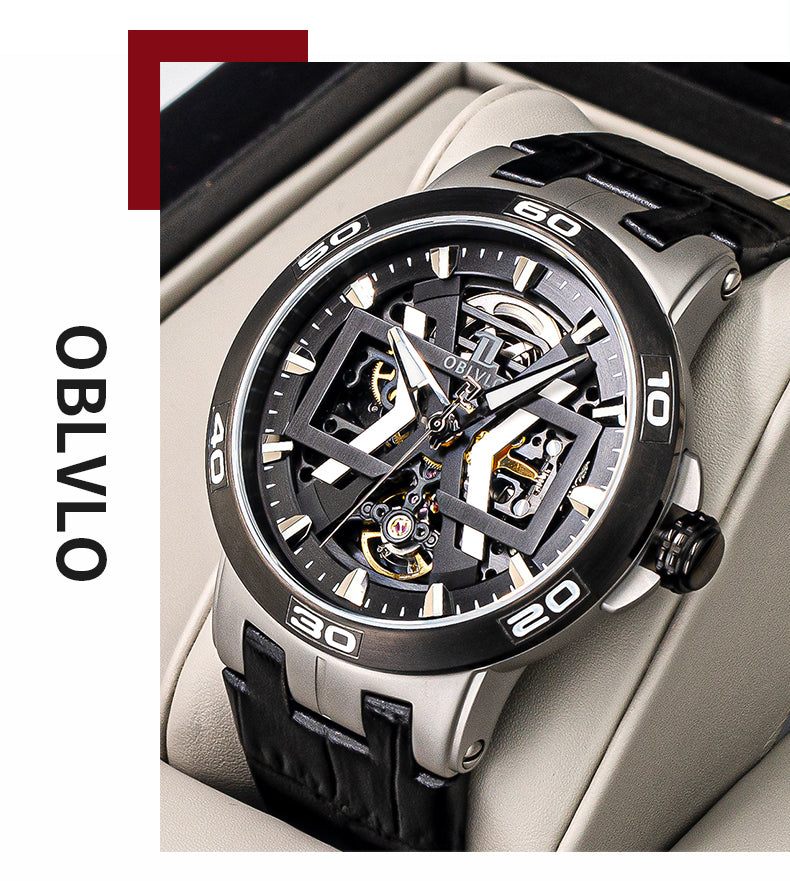 OBLVLO Sport Skeleton Luminous Military Automatic Mechanical Watch for Men Steel Case Leather Strap Sapphire Waterproof UM