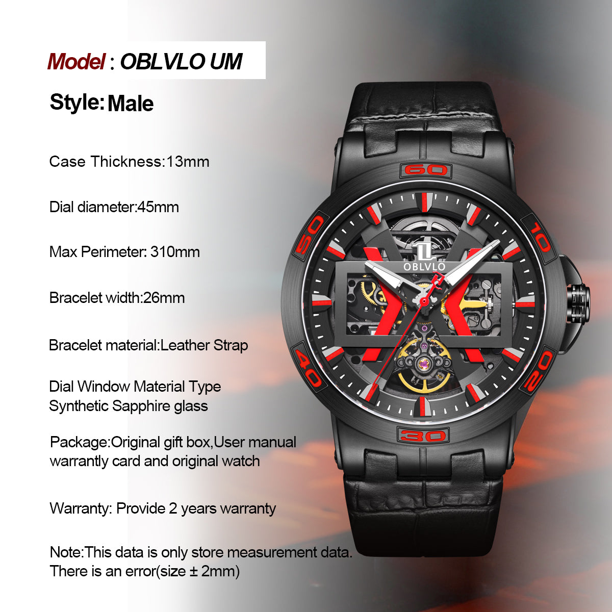 OBLVLO Sport Skeleton Luminous Military Automatic Mechanical Watch for Men Steel Case Leather Strap Sapphire Waterproof UM