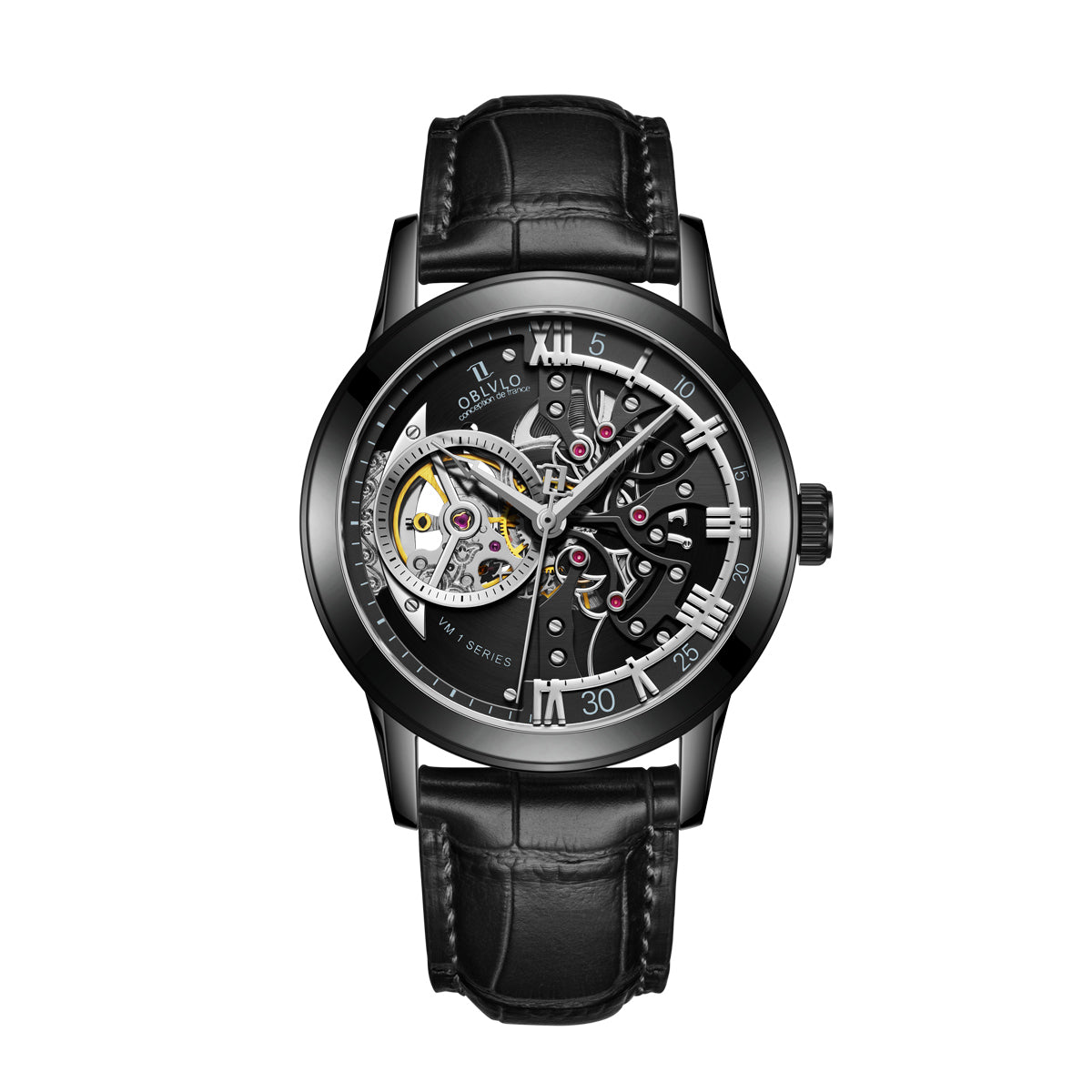 OBLVLO Retro Men Skeleton Automatic Watch Mechanical Casual Calfskin Strap Sapphire Waterproof 42mm VM-S