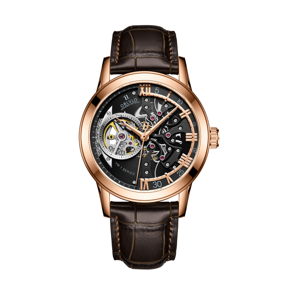 OBLVLO Retro Men Skeleton Automatic Watch Mechanical Casual Calfskin Strap Sapphire Waterproof 42mm VM-S