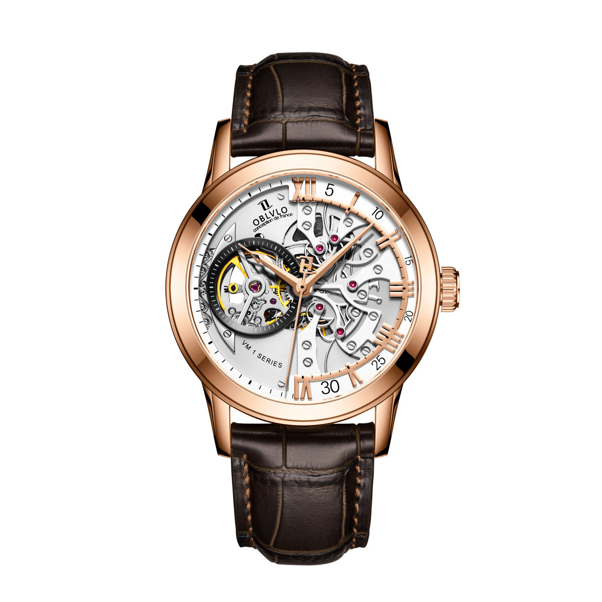 OBLVLO Retro Men Skeleton Automatic Watch Mechanical Casual Calfskin Strap Sapphire Waterproof 42mm VM-S