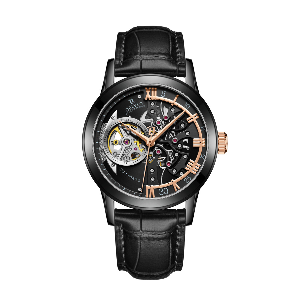 OBLVLO Retro Men Skeleton Automatic Watch Mechanical Casual Calfskin Strap Sapphire Waterproof 42mm VM-S