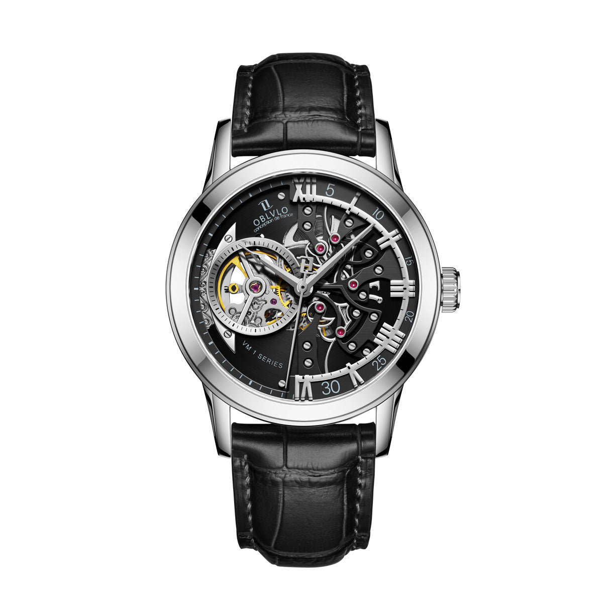 OBLVLO Retro Men Skeleton Automatic Watch Mechanical Casual Calfskin Strap Sapphire Waterproof 42mm VM-S