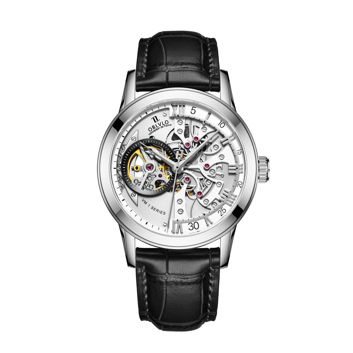 OBLVLO Retro Men Skeleton Automatic Watch Mechanical Casual Calfskin Strap Sapphire Waterproof 42mm VM-S