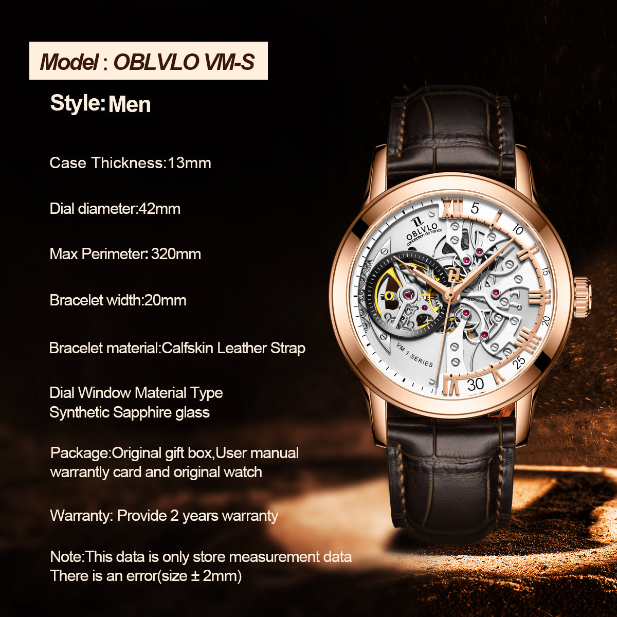 OBLVLO Retro Men Skeleton Automatic Watch Mechanical Casual Calfskin Strap Sapphire Waterproof 42mm VM-S