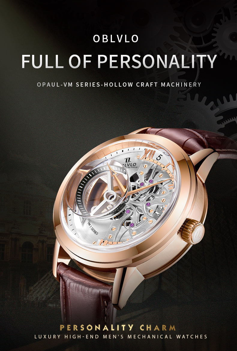 OBLVLO Luxury Retro Casual Men Skeleton Automatic Watches Mechanical Calfskin Strap Mineral Crystal Glass Waterproof Dial 45 VM