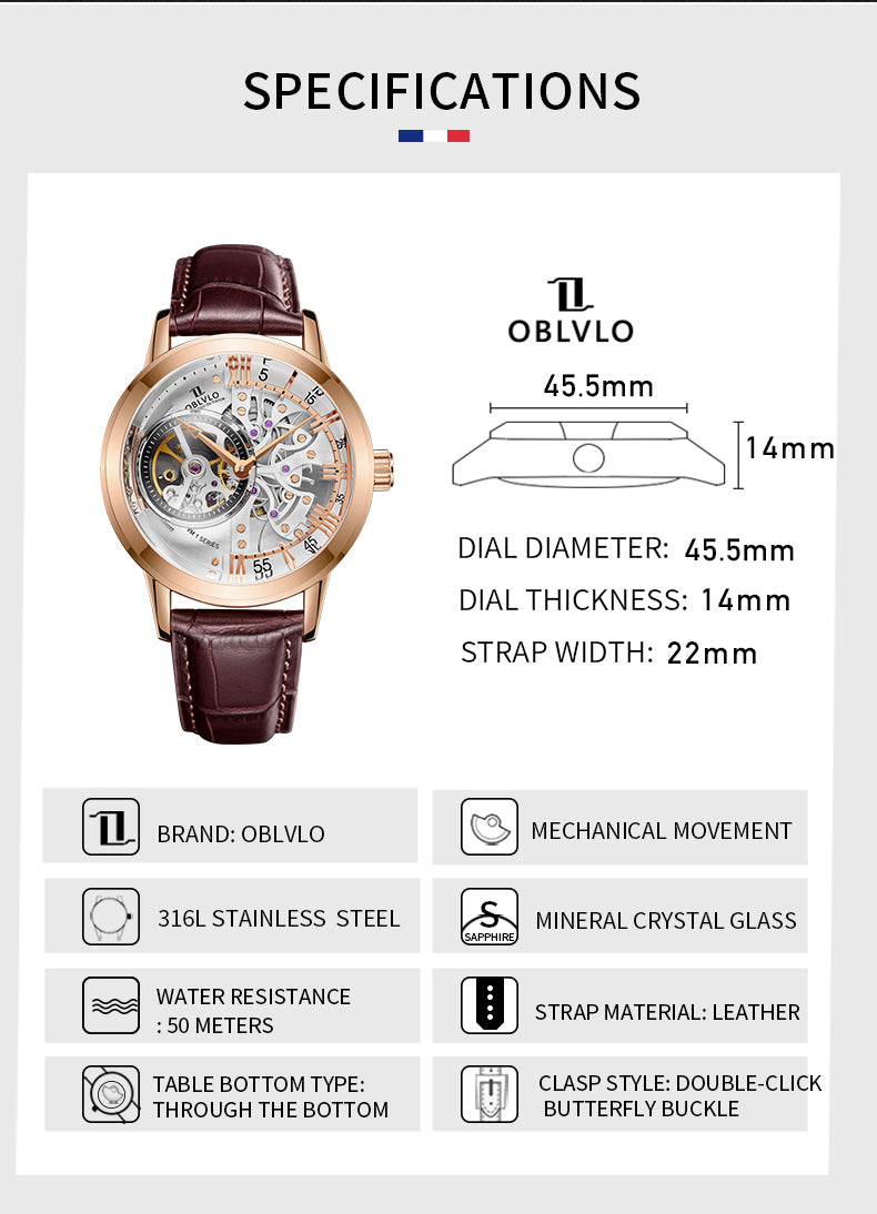 OBLVLO Luxury Retro Casual Men Skeleton Automatic Watches Mechanical Calfskin Strap Mineral Crystal Glass Waterproof Dial 45 VM