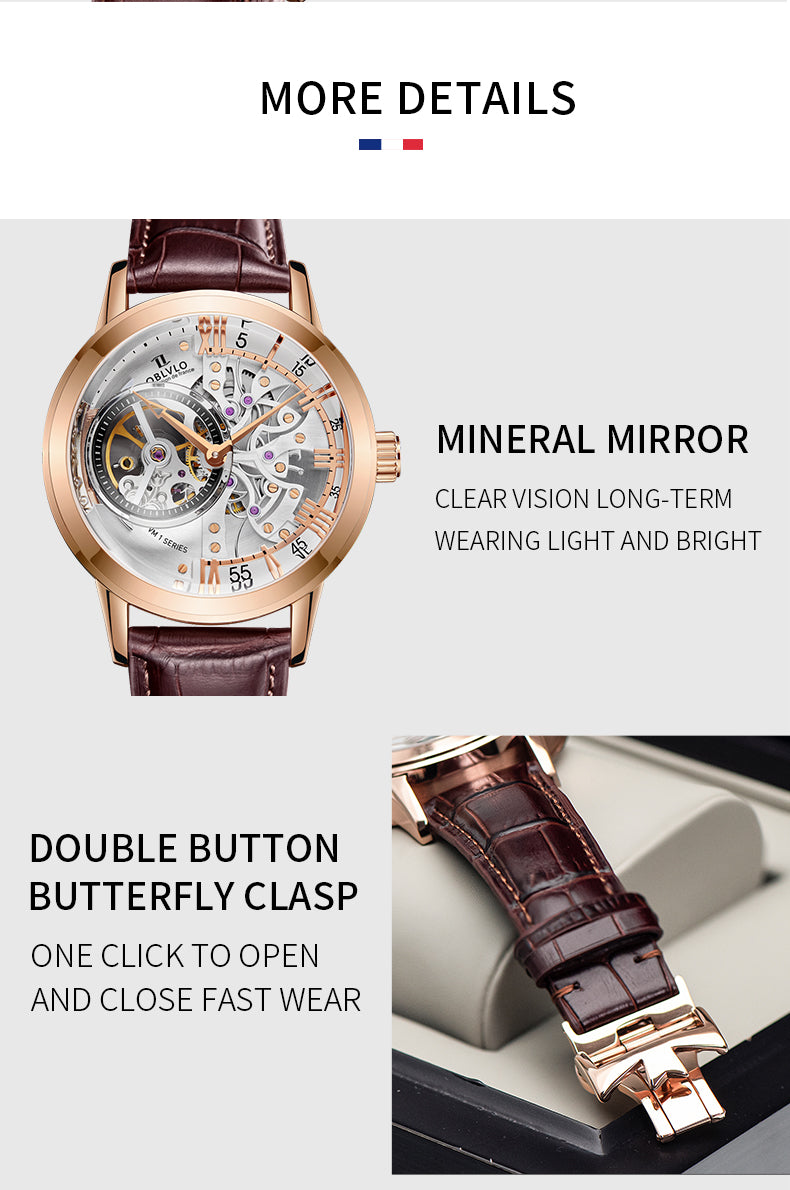 OBLVLO Luxury Retro Casual Men Skeleton Automatic Watches Mechanical Calfskin Strap Mineral Crystal Glass Waterproof Dial 45 VM