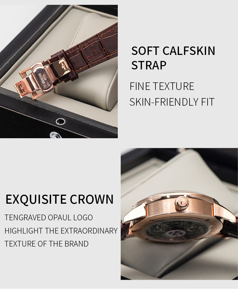 OBLVLO Luxury Retro Casual Men Skeleton Automatic Watches Mechanical Calfskin Strap Mineral Crystal Glass Waterproof Dial 45 VM