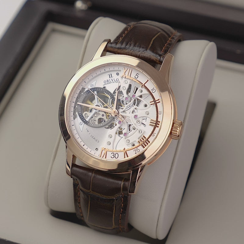 OBLVLO Retro Men Skeleton Automatic Watch Mechanical Casual Calfskin Strap Sapphire Waterproof 42mm VM-S