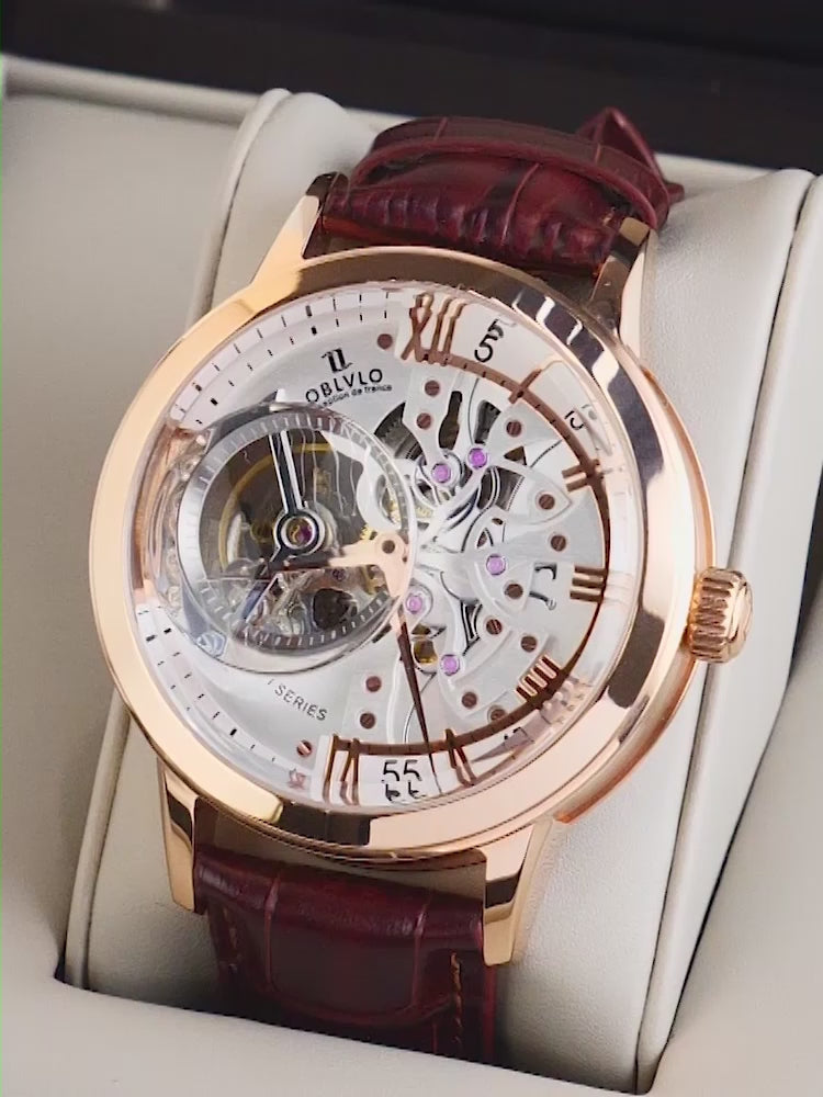 OBLVLO Luxury Retro Casual Men Skeleton Automatic Watches Mechanical Calfskin Strap Mineral Crystal Glass Waterproof Dial 45 VM