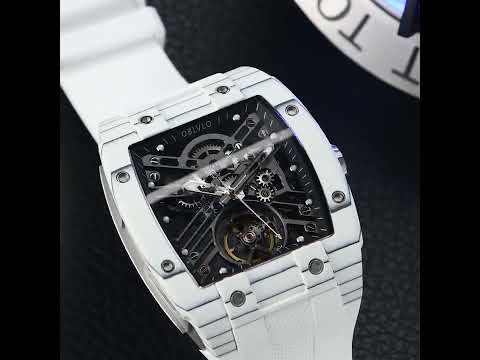 OBLVLO Original Brand Men Automatic Mechanical Watch Sport Skeleton Luminous Wine Barrel Carbon Fiber Case Rubber Strap EM-ST