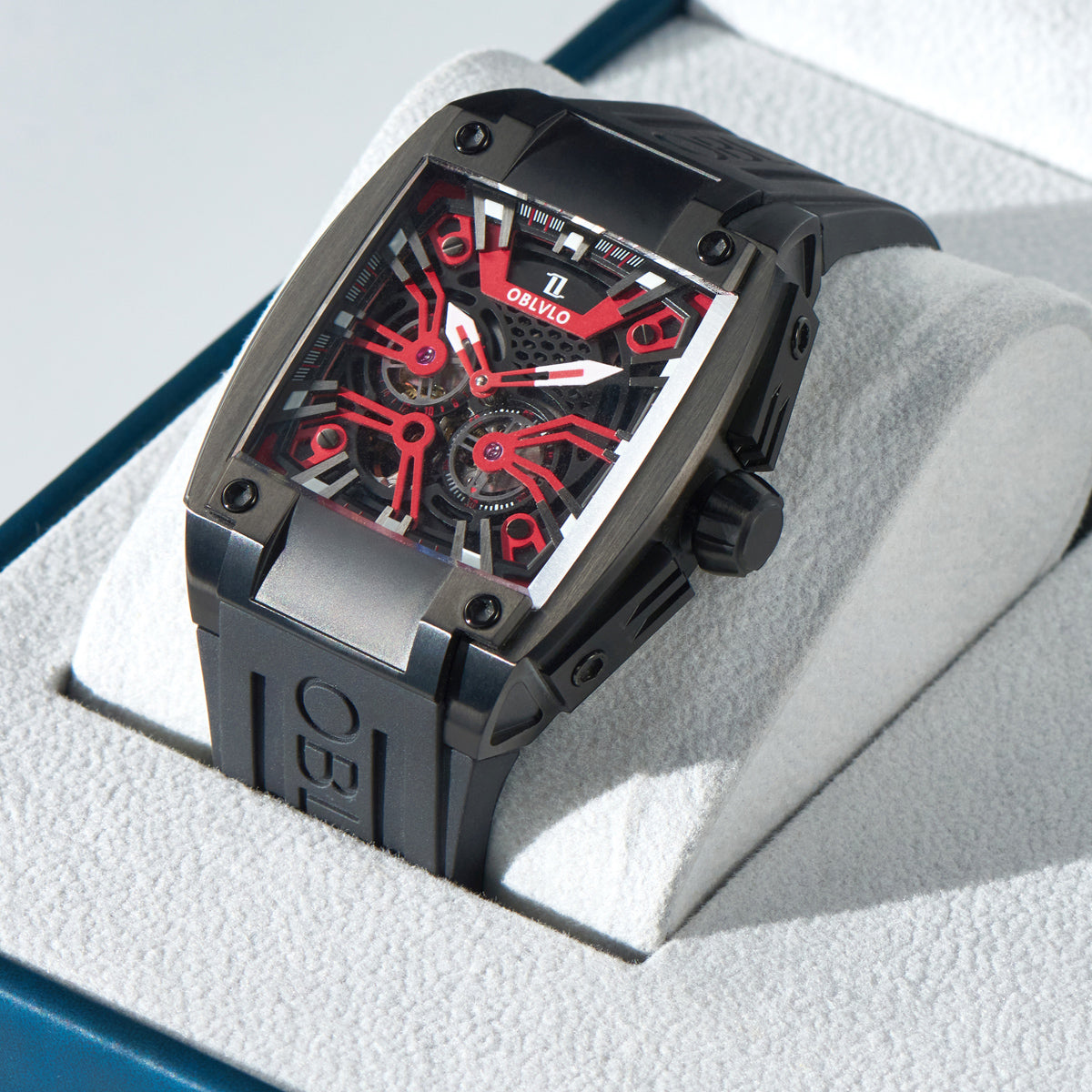 OBLVLO Personalized Men Automatic Mechanical Watch Luminous Skeleton Stainless Steel Case Rubber Strap Sapphire Big Rectangle GM