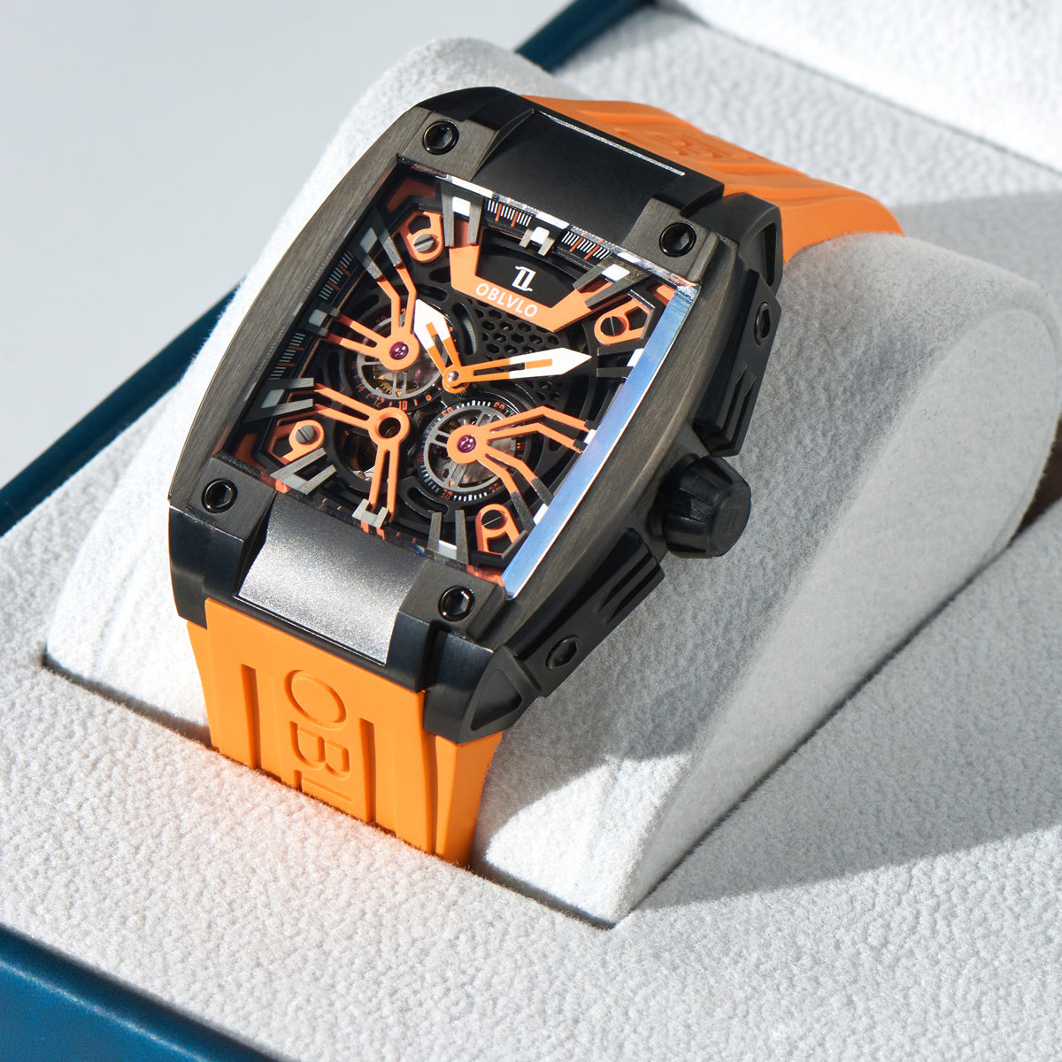 OBLVLO Personalized Men Automatic Mechanical Watch Luminous Skeleton Stainless Steel Case Rubber Strap Sapphire Big Rectangle GM