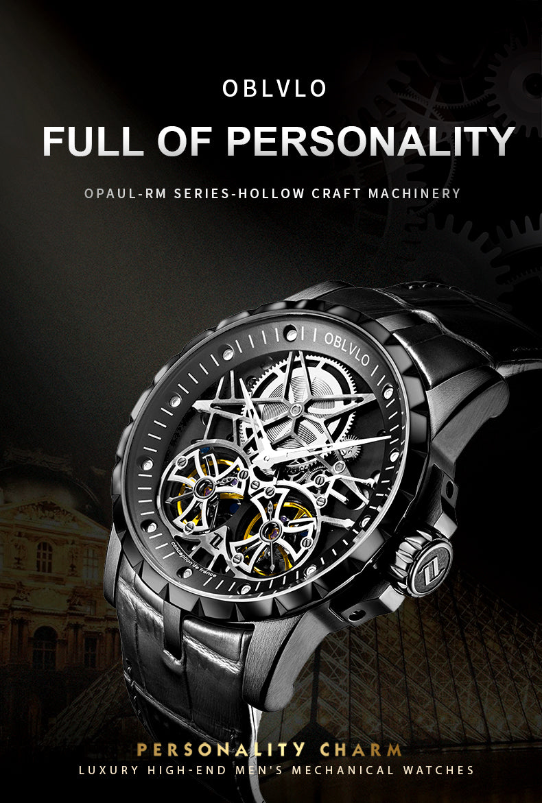 OBLVLO Men Military Skeleton Automatic Watch Mechanical Soft Calfskin Strap Sapphire Waterproof Double Flywheel Dial Clock RM-T