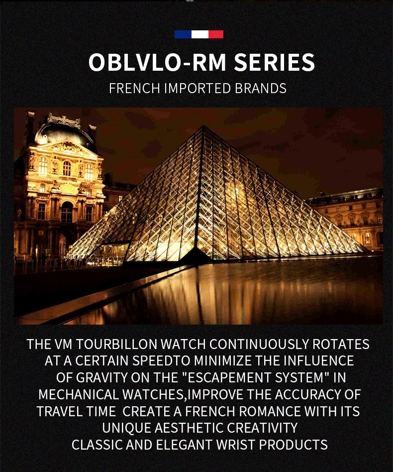 OBLVLO Men Military Skeleton Automatic Watch Mechanical Soft Calfskin Strap Sapphire Waterproof Double Flywheel Dial Clock RM-T