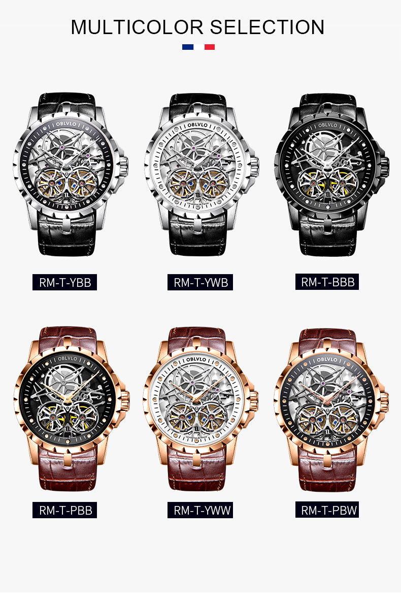 OBLVLO Men Military Skeleton Automatic Watch Mechanical Soft Calfskin Strap Sapphire Waterproof Double Flywheel Dial Clock RM-T