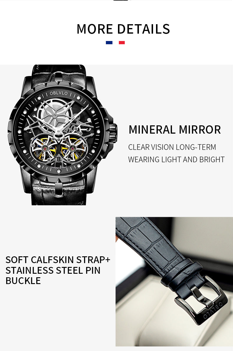OBLVLO Men Military Skeleton Automatic Watch Mechanical Soft Calfskin Strap Sapphire Waterproof Double Flywheel Dial Clock RM-T