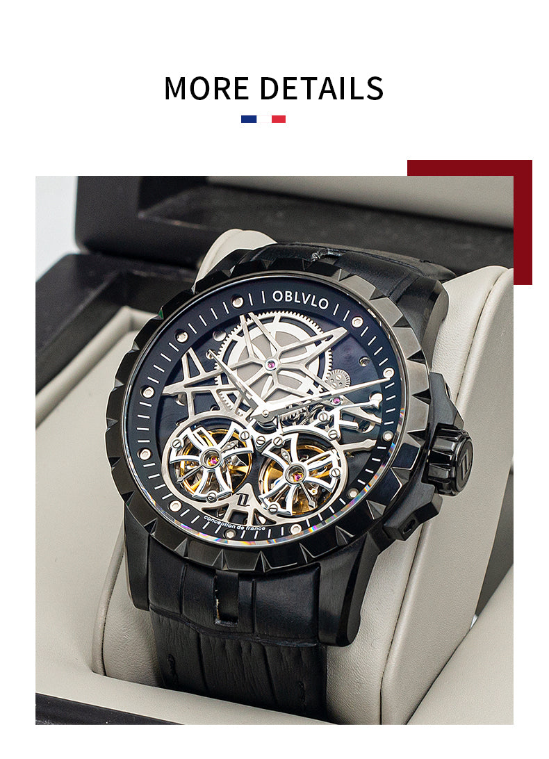 OBLVLO Men Military Skeleton Automatic Watch Mechanical Soft Calfskin Strap Sapphire Waterproof Double Flywheel Dial Clock RM-T
