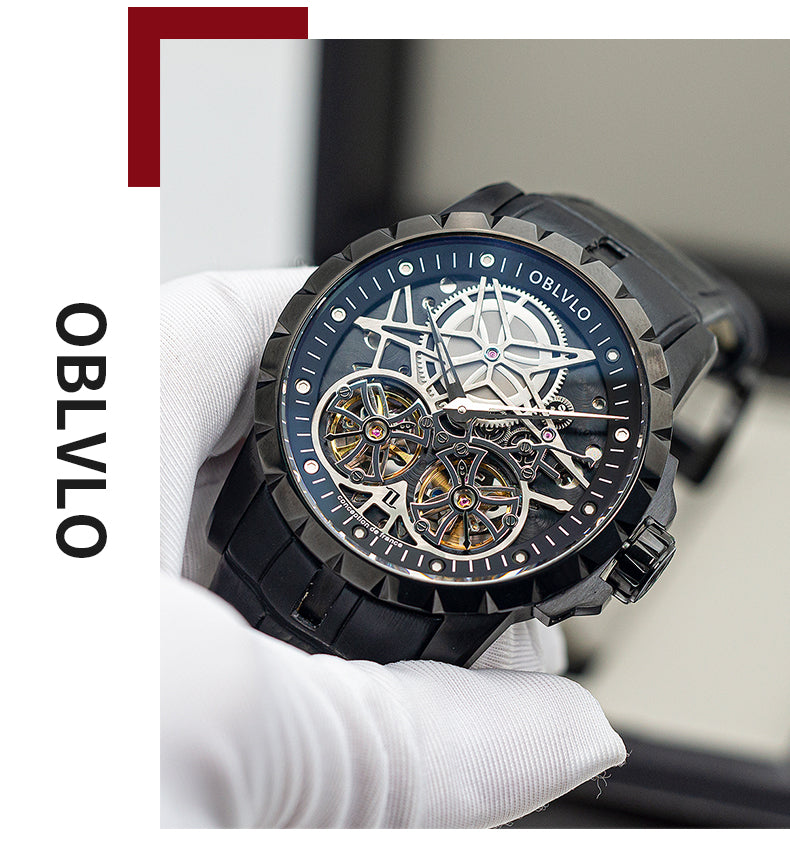 OBLVLO Men Military Skeleton Automatic Watch Mechanical Soft Calfskin Strap Sapphire Waterproof Double Flywheel Dial Clock RM-T