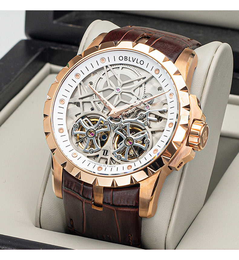 OBLVLO Men Military Skeleton Automatic Watch Mechanical Soft Calfskin Strap Sapphire Waterproof Double Flywheel Dial Clock RM-T