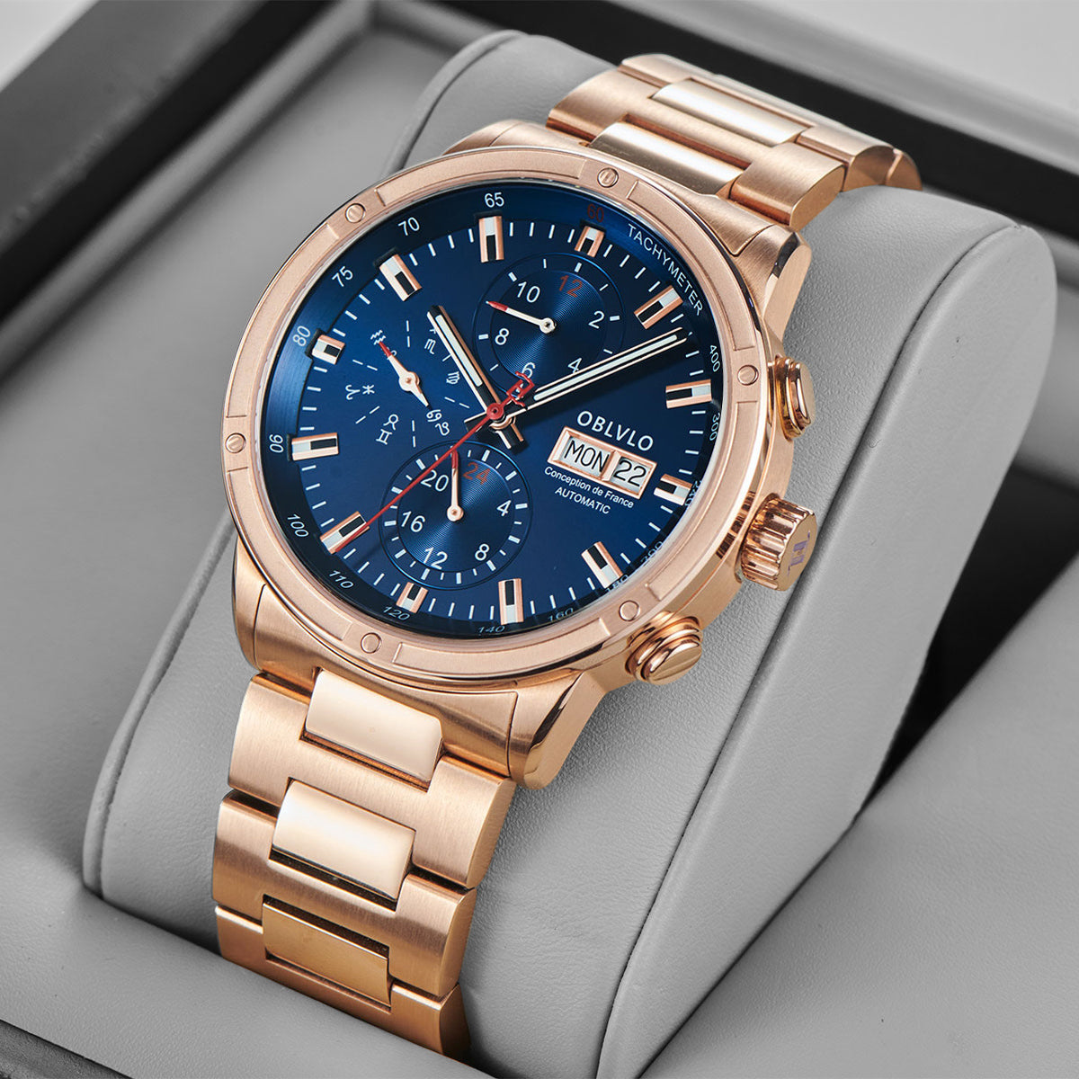 OBLVLO Brand Men Dress Automatic Watch Mechanical Stainless Steel Strap Sapphire Year Month Week Calendar 24-Hour Display CM2