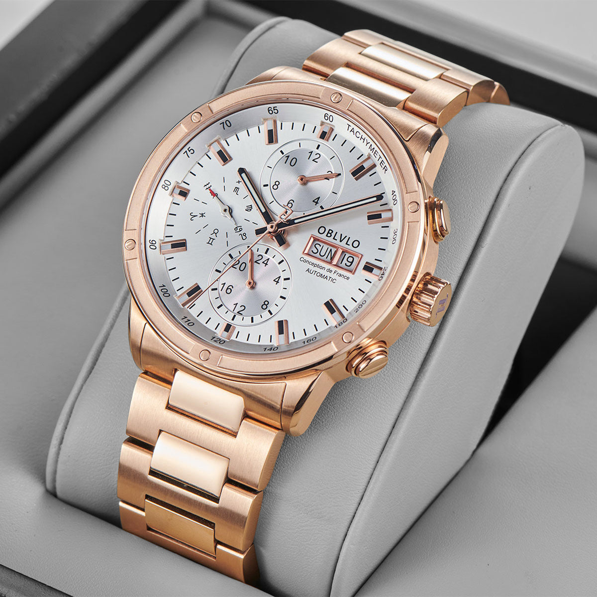 OBLVLO Brand Men Dress Automatic Watch Mechanical Stainless Steel Strap Sapphire Year Month Week Calendar 24-Hour Display CM2