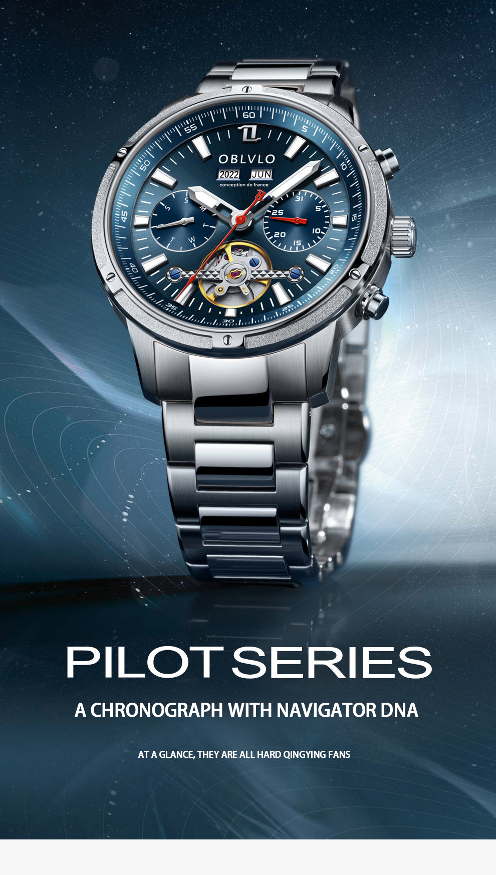 OBLVLO Men Automatic Watches Mechanical Tourbillon Luminous Stainless Steel Strap Sapphire Waterproof Calendar Week Clock CM-T