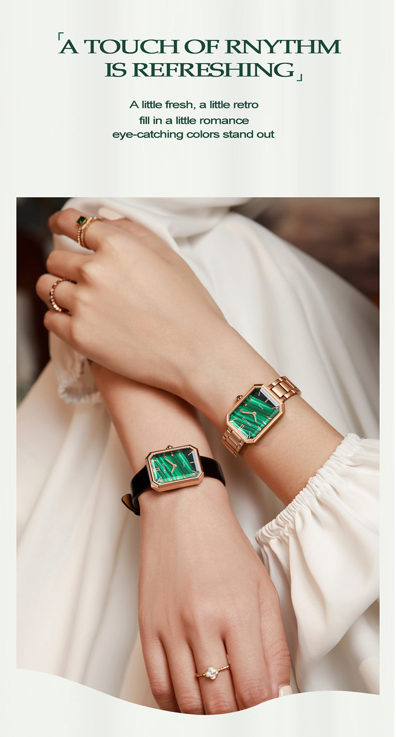 OBLVLO Luxury Green Quartz Watch for Women Malachite Stainless Steel Strap Sapphire Waterproof Exquisite Rectangle Clock 27mm LW