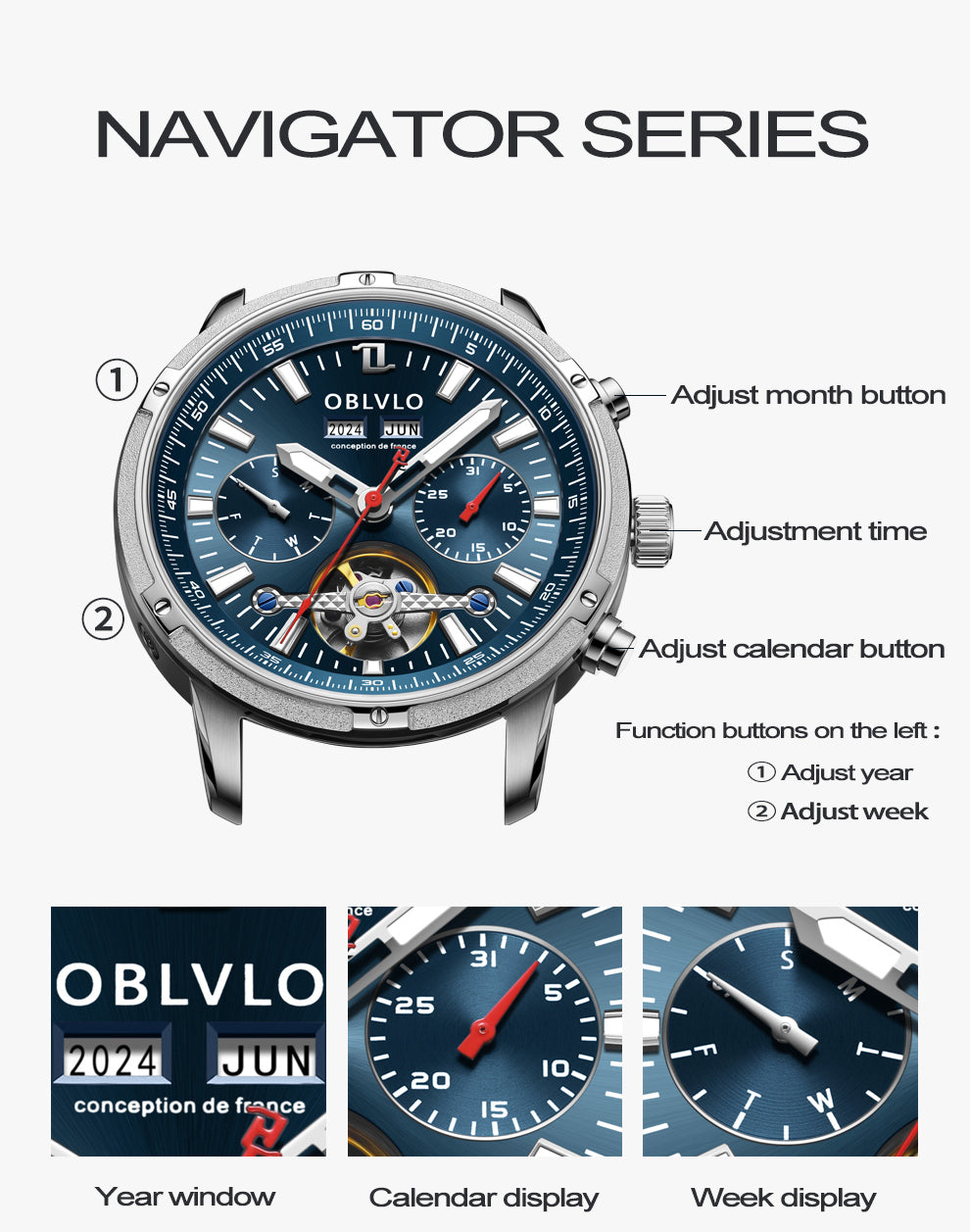 OBLVLO Men Automatic Watches Mechanical Tourbillon Luminous Stainless Steel Strap Sapphire Waterproof Calendar Week Clock CM-T