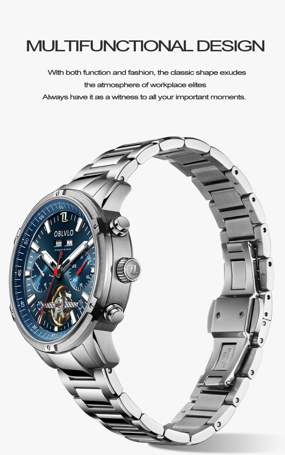 OBLVLO Men Automatic Watches Mechanical Tourbillon Luminous Stainless Steel Strap Sapphire Waterproof Calendar Week Clock CM-T