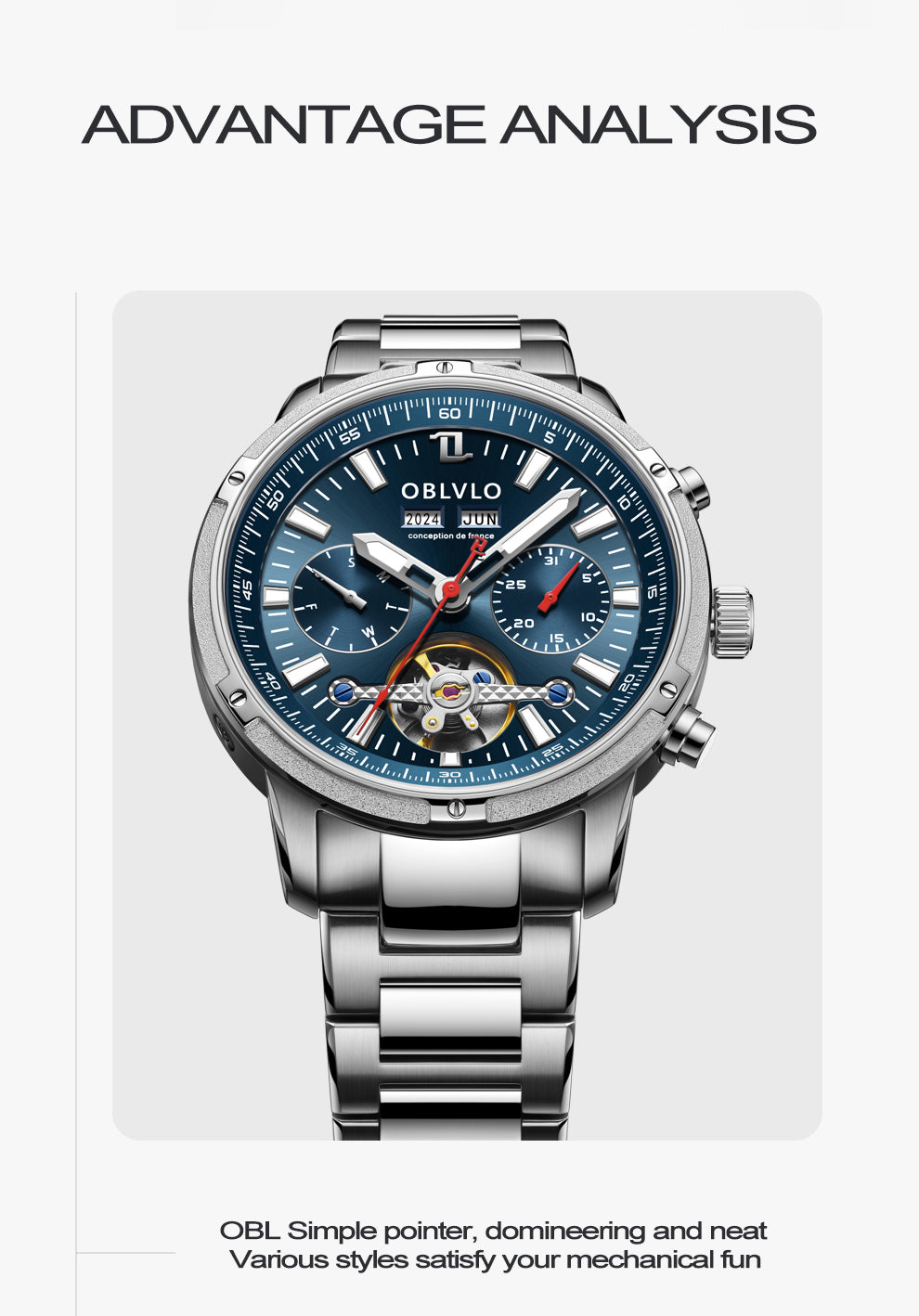 OBLVLO Men Automatic Watches Mechanical Tourbillon Luminous Stainless Steel Strap Sapphire Waterproof Calendar Week Clock CM-T