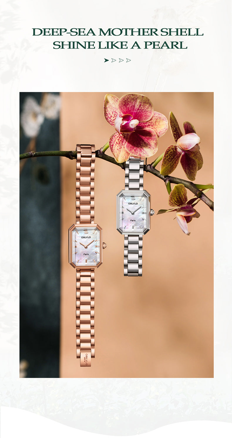 OBLVLO Luxury Green Quartz Watch for Women Malachite Stainless Steel Strap Sapphire Waterproof Exquisite Rectangle Clock 27mm LW