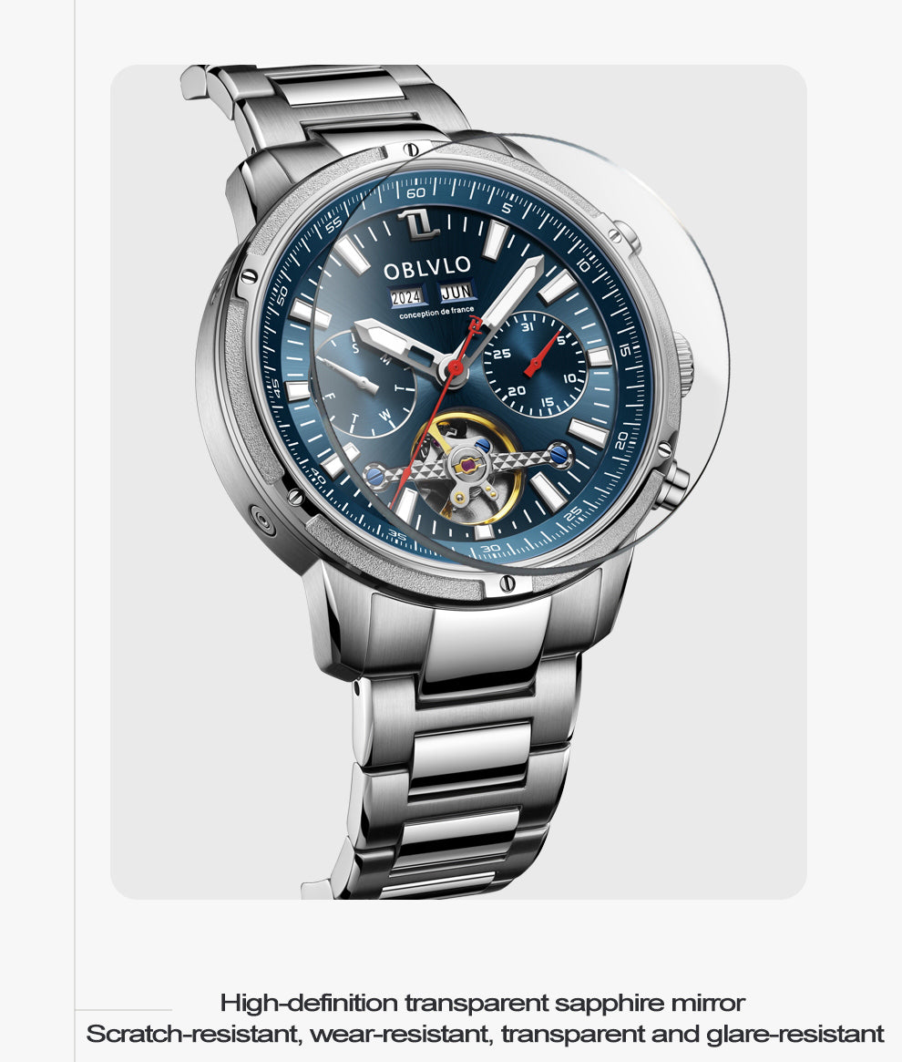 OBLVLO Men Automatic Watches Mechanical Tourbillon Luminous Stainless Steel Strap Sapphire Waterproof Calendar Week Clock CM-T