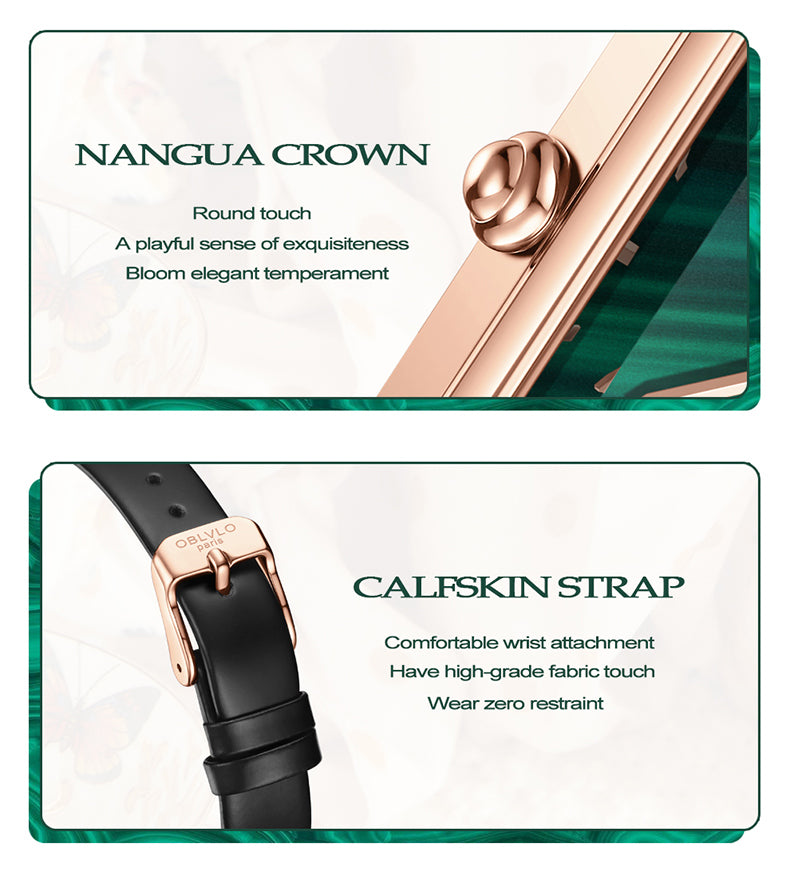 OBLVLO Luxury Green Quartz Watch for Women Malachite Stainless Steel Strap Sapphire Waterproof Exquisite Rectangle Clock 27mm LW