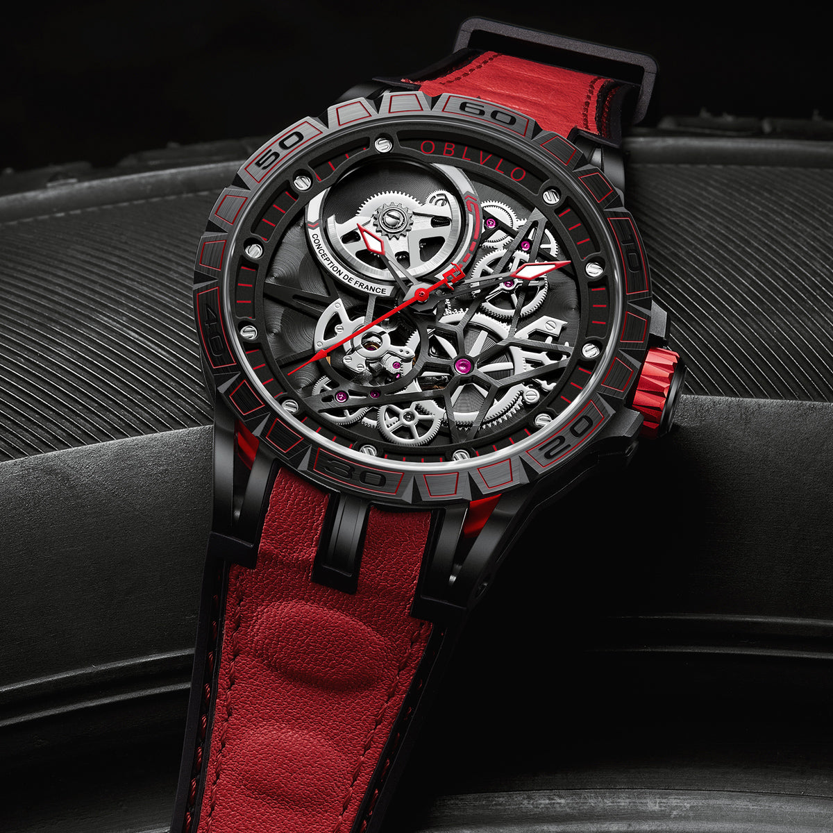 OBLVLO Designer Skeleton Sport Automatic Mechanical Watch For Men Rubber Strap Sapphire Shockproof Waterproof Diameter 47mm LM