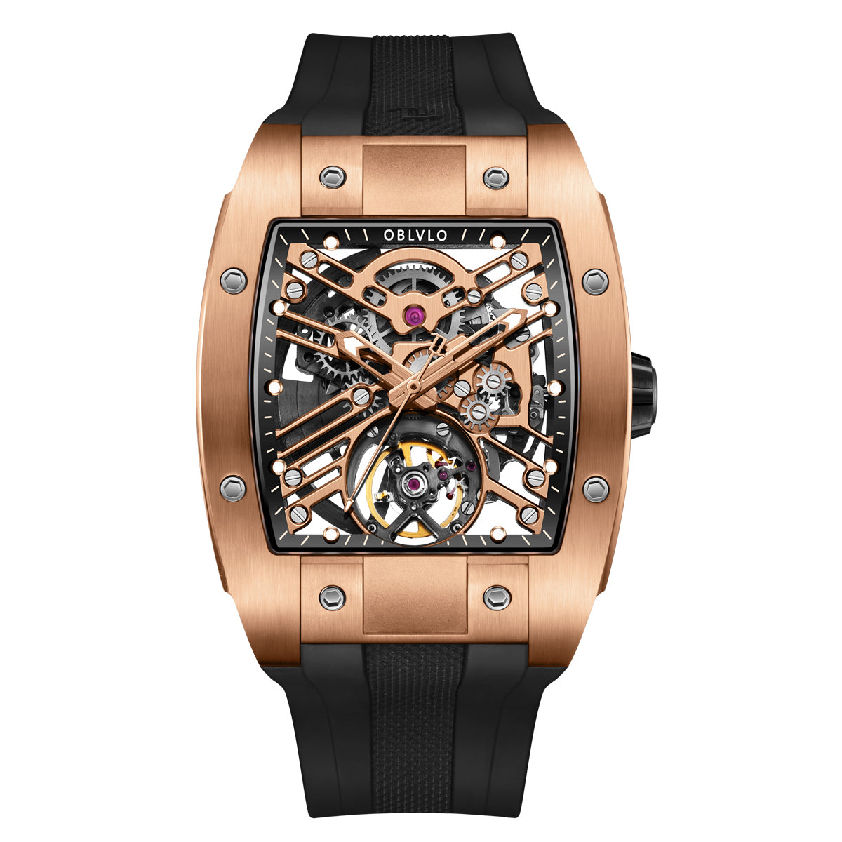 OBLVLO Original Brand Men Automatic Mechanical Watch Sport Skeleton Luminous Wine Barrel Carbon Fiber Case Rubber Strap EM-ST