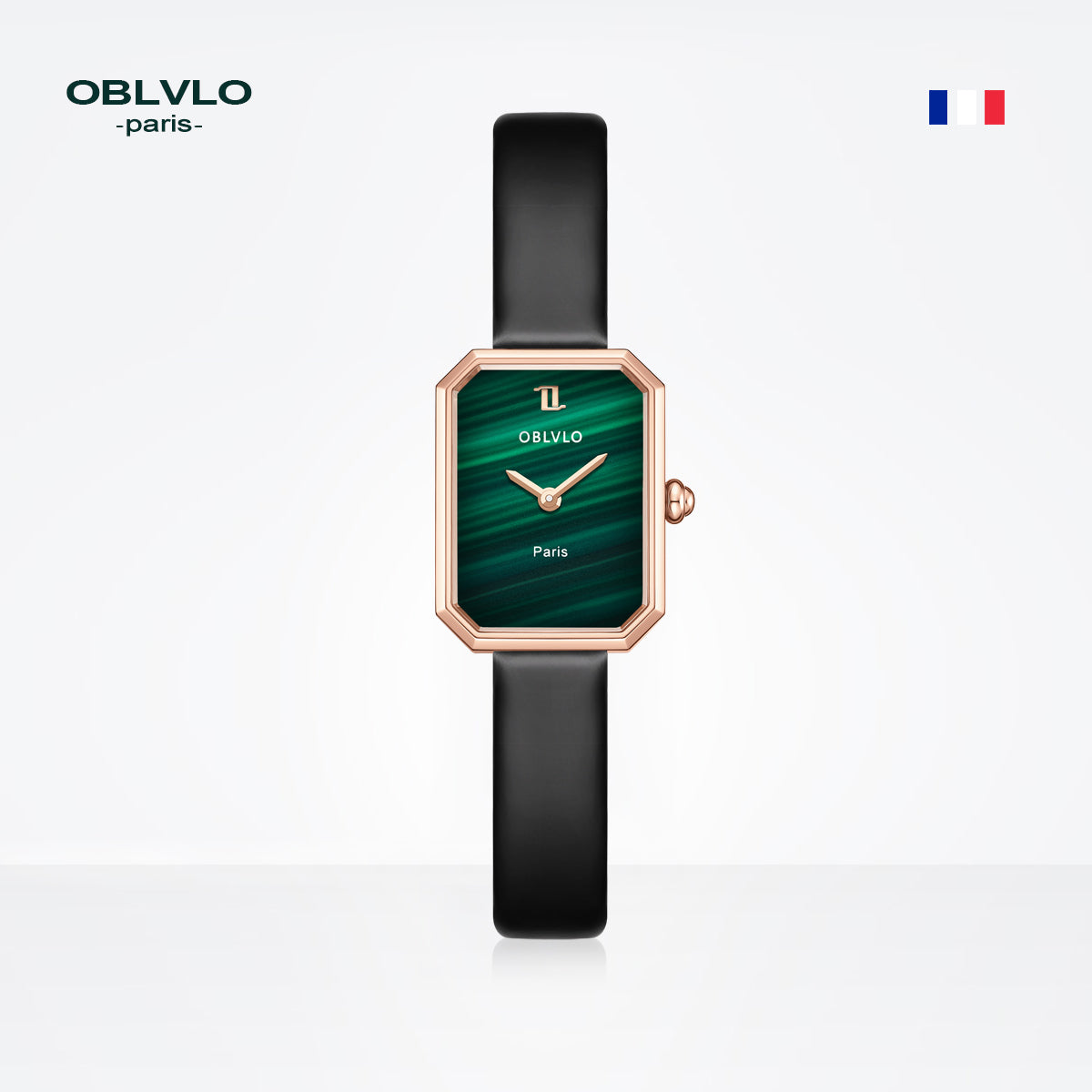 OBLVLO Women Quartz Watch Rose Gold Case Gift Leather Strap Malachite Dial Diamond Surface Sapphire Small Square Clock 23mm LW2